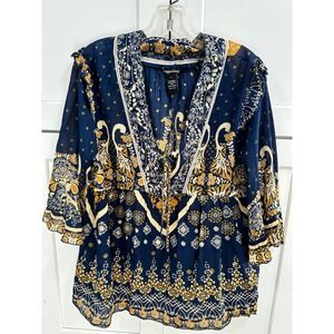 Millenium Blue Bohemian Floral Paisley‎ 3/4 Sleeve Tunic Top - Size L